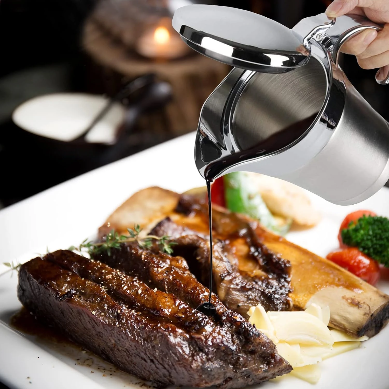 ISTOOLL Stainless Steel Gravy Boat, Double Insulated Gravy Sauce Jug with Hinged