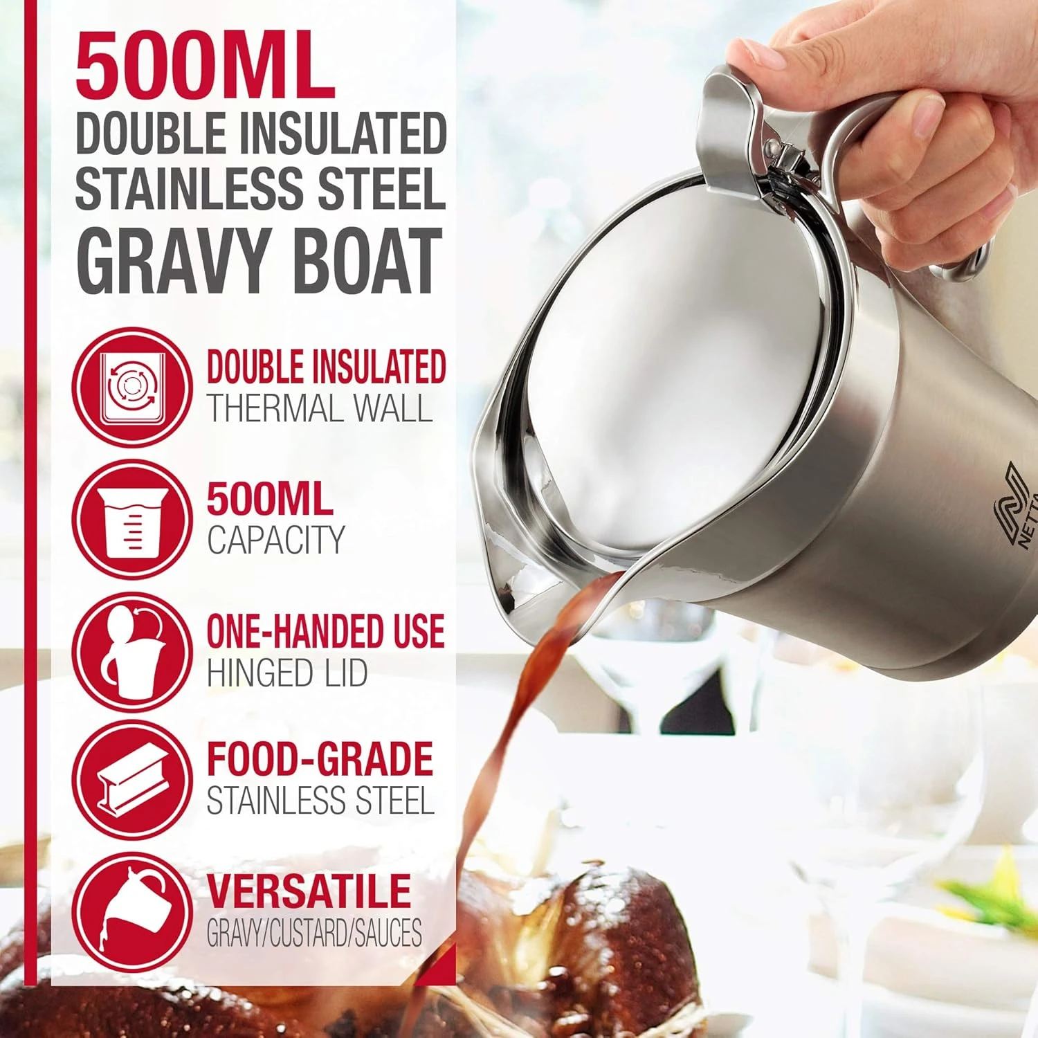 Netta Stainless Steel Gravy Boat/Sauce Jug - Double Insulated Hinged Lid, 500ml