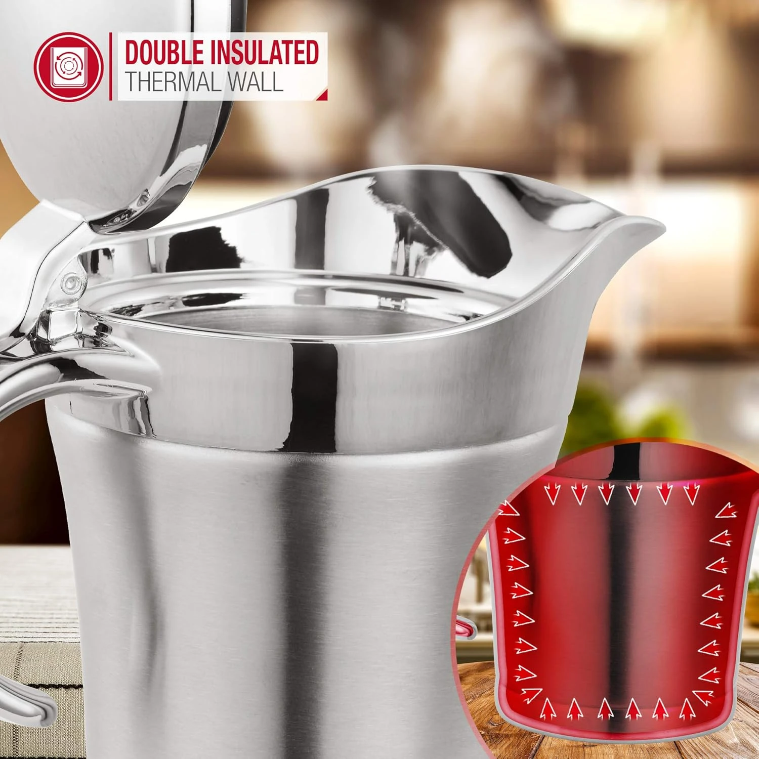 Netta Stainless Steel Gravy Boat/Sauce Jug - Double Insulated Hinged Lid, 500ml