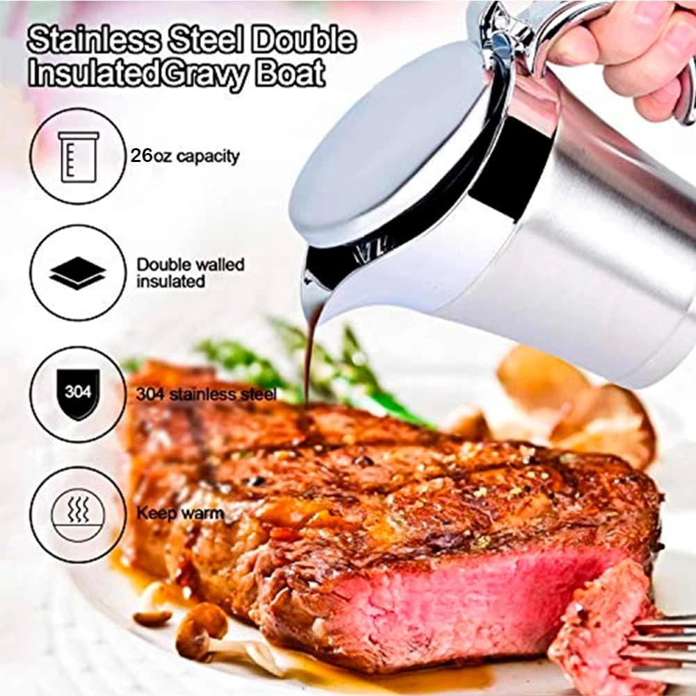 IAXSEE Gravy Boat 32oz Extra Large Double Insulated 304 Stainless Steel, Gravy W