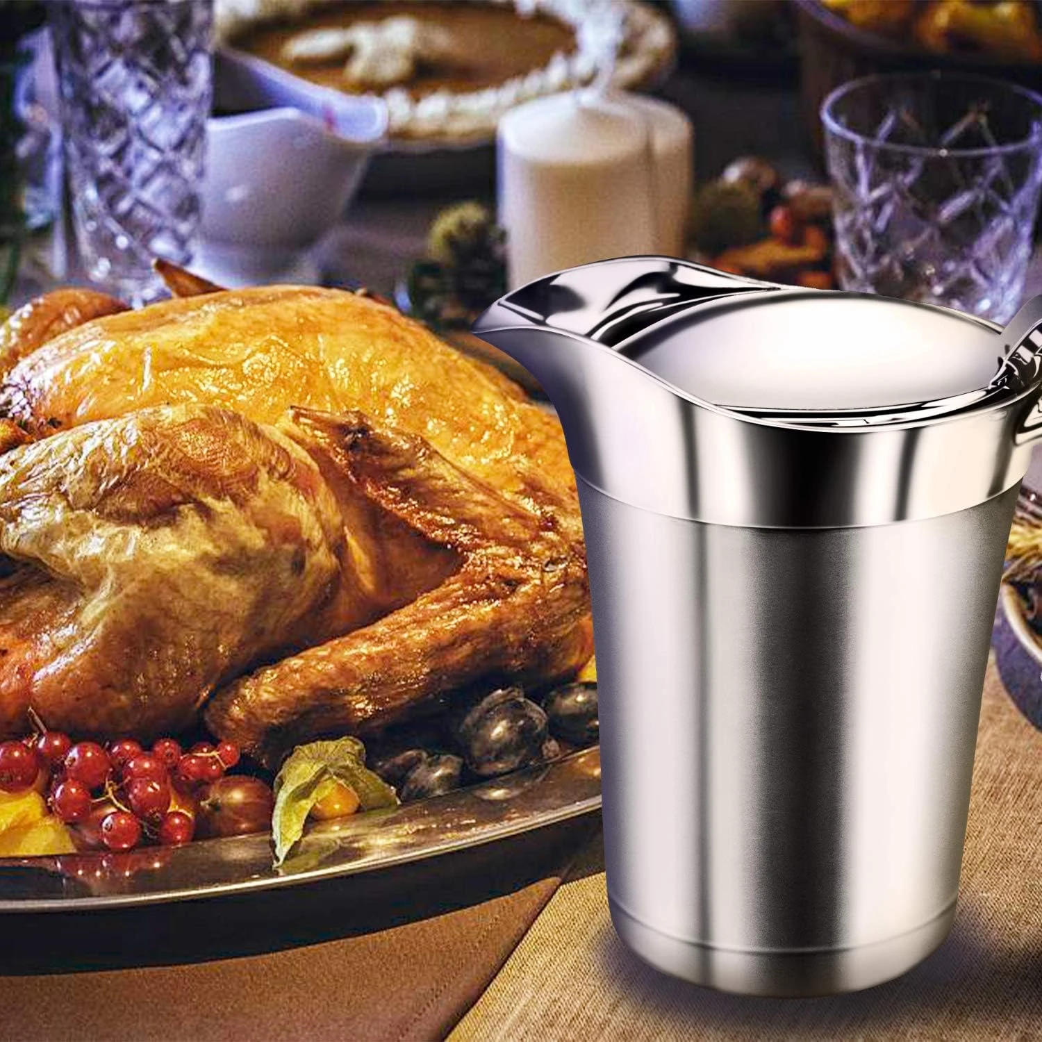 IAXSEE Gravy Boat 32oz Extra Large Double Insulated 304 Stainless Steel, Gravy W