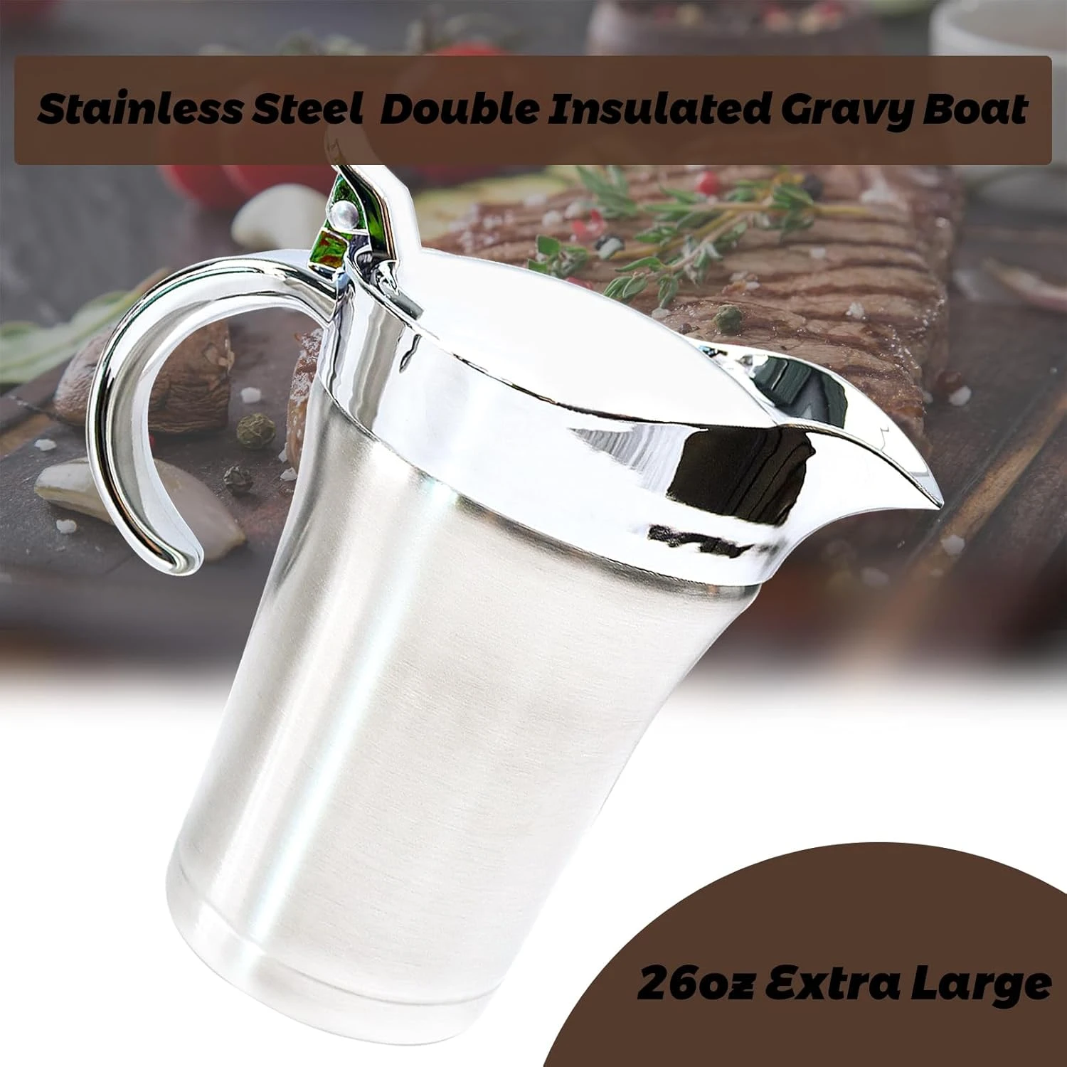 Suptizizkz Stainless Steel Double Insulated Gravy Boat, Sauce Jug with Hinged Li