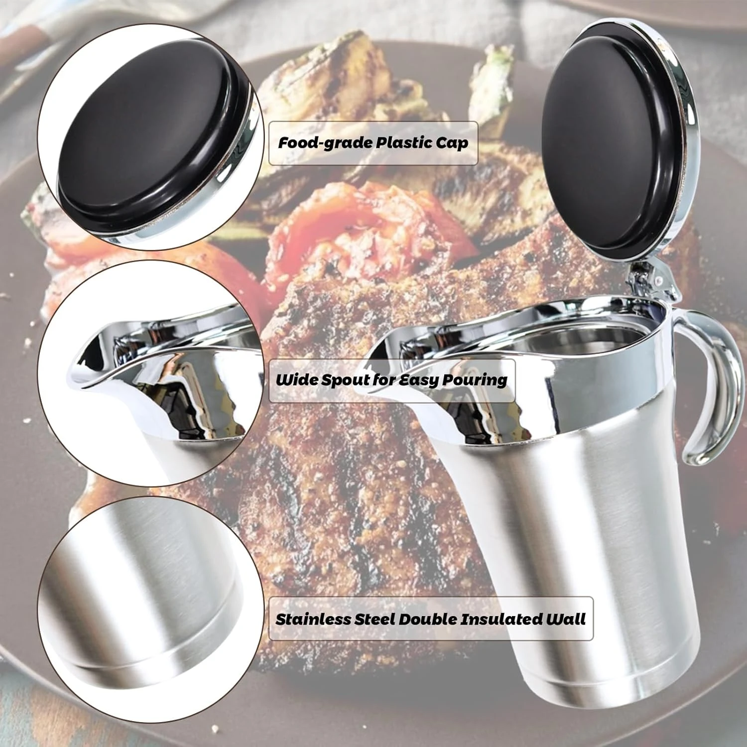 Suptizizkz Stainless Steel Double Insulated Gravy Boat, Sauce Jug with Hinged Li