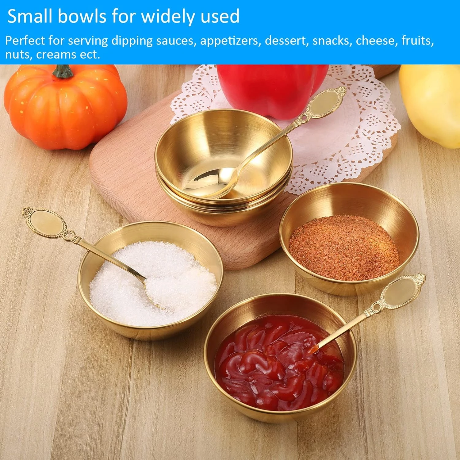 Dipping Bowls Set of 6, Stainless Steel Golden Dip Bowls, Serving Dishes Set, Ta