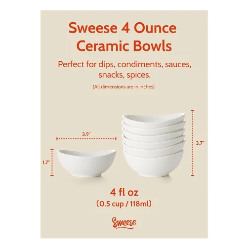Sweese 4 Inch Porcelain Small 4 oz Bowls for Sauce | Charcuterie | Dipping | Sna