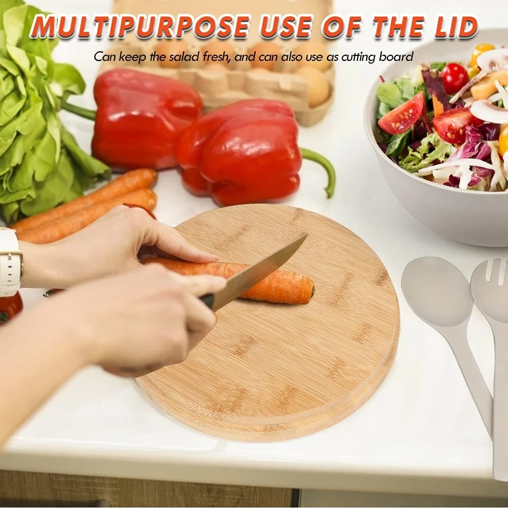 ShineMe Large Salad Bowl with Lid, Bamboo Fiber Salad Serving Bowl Set with Uten