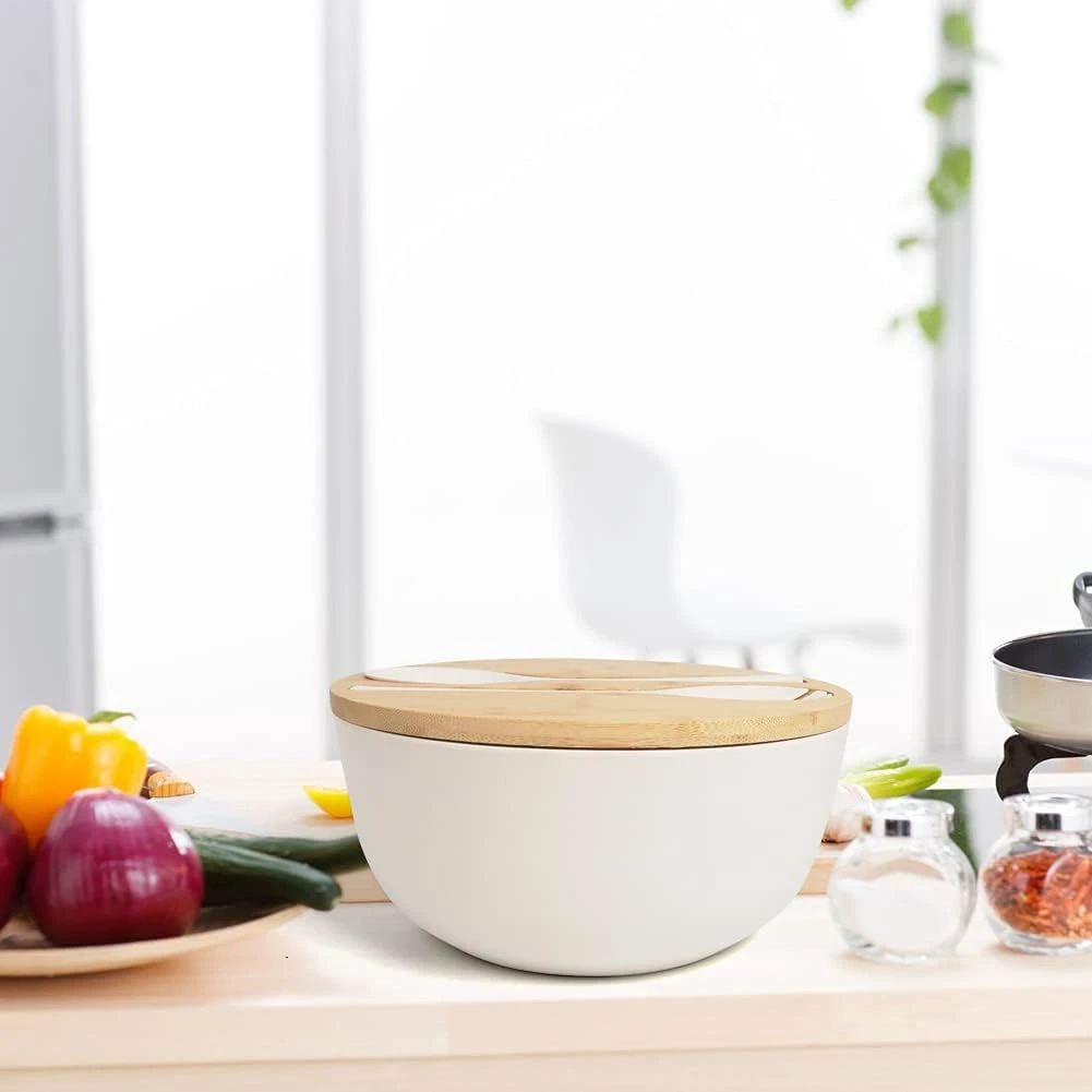 ShineMe Large Salad Bowl with Lid, Bamboo Fiber Salad Serving Bowl Set with Uten
