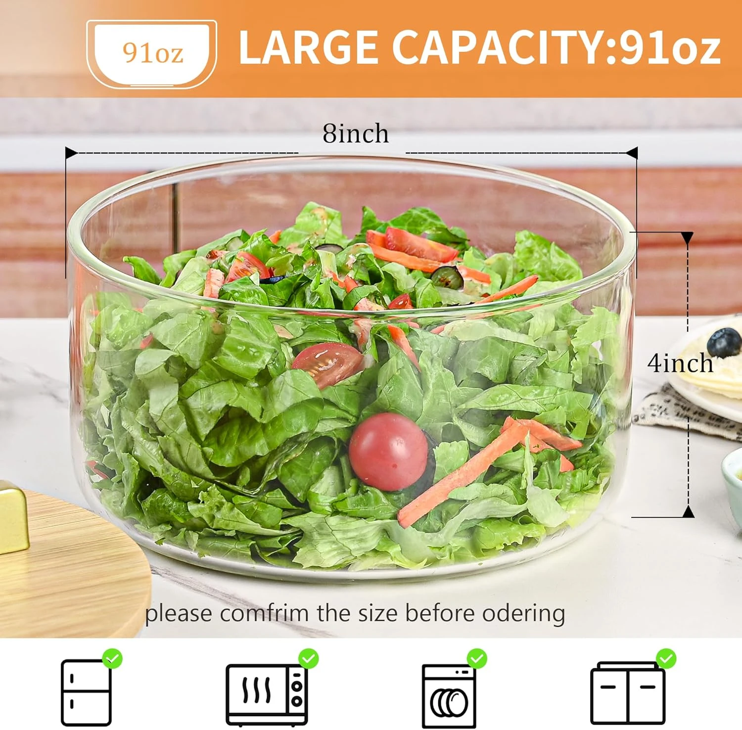 YUBAMIN Glass Salad Bowl with Lid, Glass Mixing Bowl with Lid for Salads, Servin