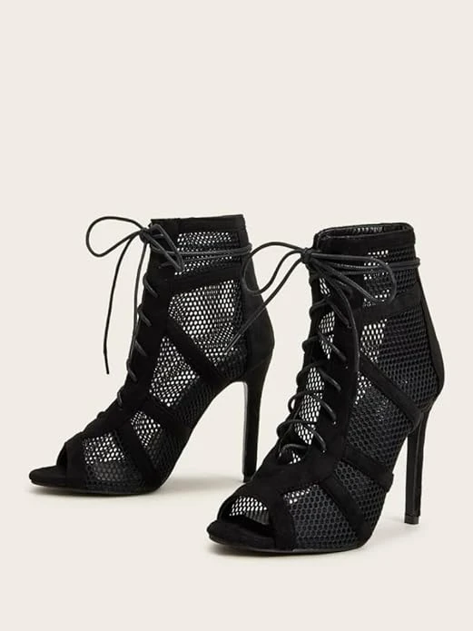 Women Dancing High Heels Shoes Basic Peep Open To Lace-Up Front Mesh Stiletto He
