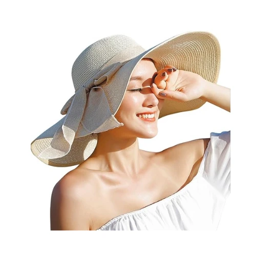 JOYEBUY Women Big Bowknot Straw Hat Floppy Foldable Roll up UV Protection Beach 