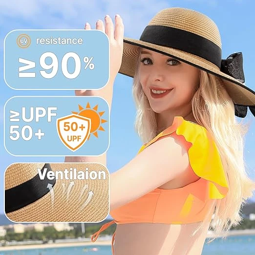 Beach Hats for Women, Wide Brim Sun Straw Hat for Women, Sun Hat UPF 50+ UV Prot