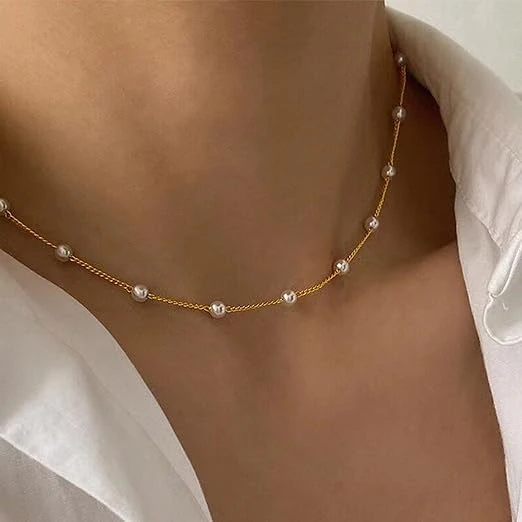 Gold Pearl Necklace for Women, 14K Gold Plated Layered Freshwater Pearl Necklace