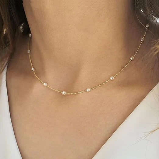 Gold Pearl Necklace for Women, 14K Gold Plated Layered Freshwater Pearl Necklace