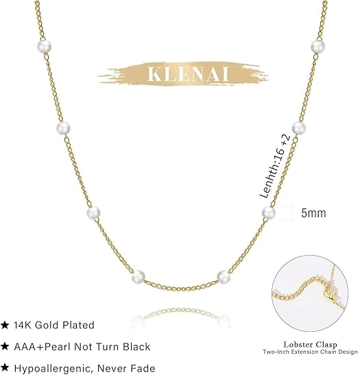 Gold Pearl Necklace for Women, 14K Gold Plated Layered Freshwater Pearl Necklace