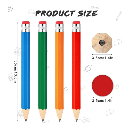 Gersoniel 4 Pcs Wooden Jumbo Pencils 14 Inch Big Novelty Pencil with Cap and Era