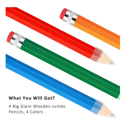 Gersoniel 4 Pcs Wooden Jumbo Pencils 14 Inch Big Novelty Pencil with Cap and Era