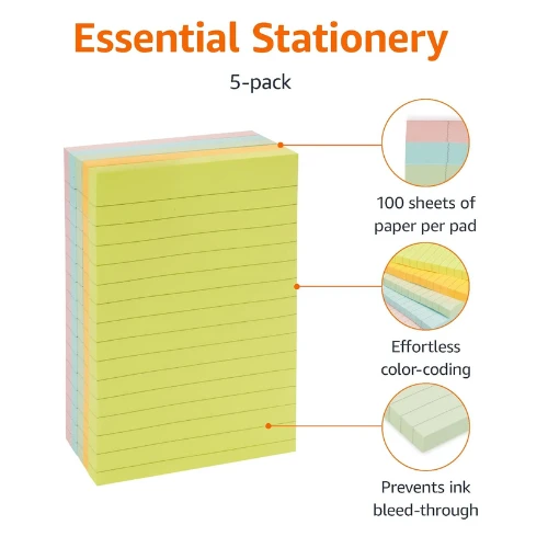 Basics Lined Sticky Notes, 4 x 6-Inch, Assorted Colors, 5-Pack