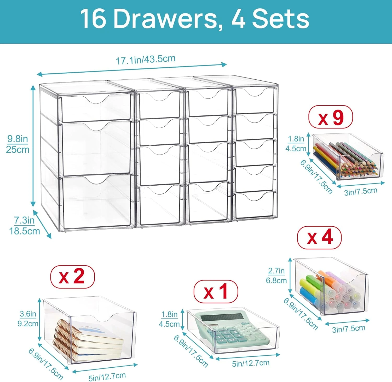 Vtopmart Acrylic Organizer with 16 Drawers (4 Set),Clear Storage Drawers for Off