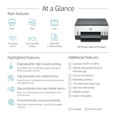 HP Smart Tank 670 All-in-One Printer, Print, Scan, Copy, Wireless, Scan to PDF, 