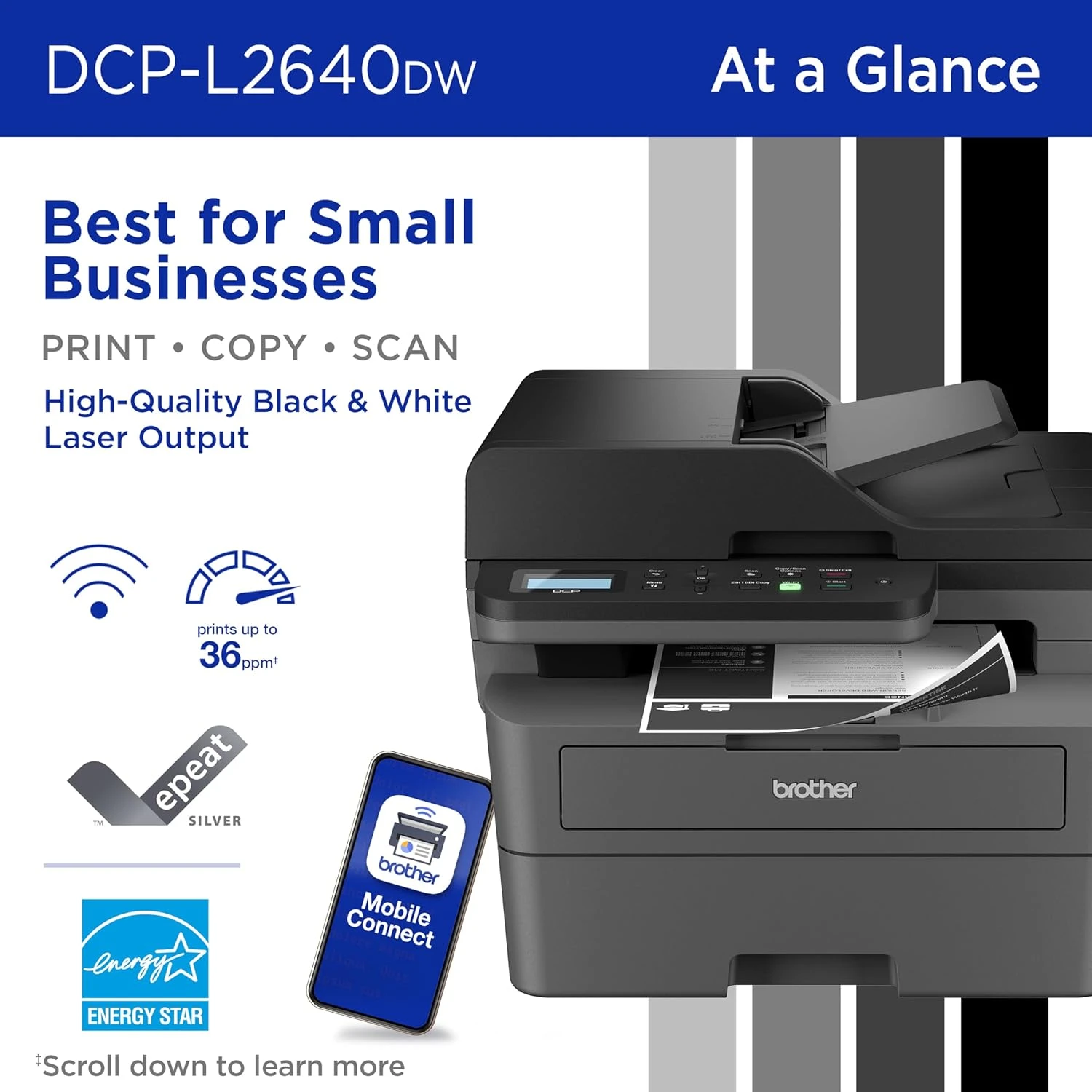 Brother DCP-L2640DW Wireless Compact Monochrome Multi-Function Laser Printer wit