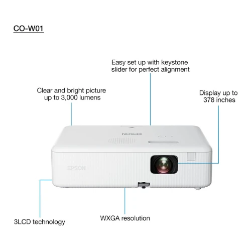 Epson CO-W01 WXGA Projector, 3LCD technology, 3,000 lumen brightness, 378inches 