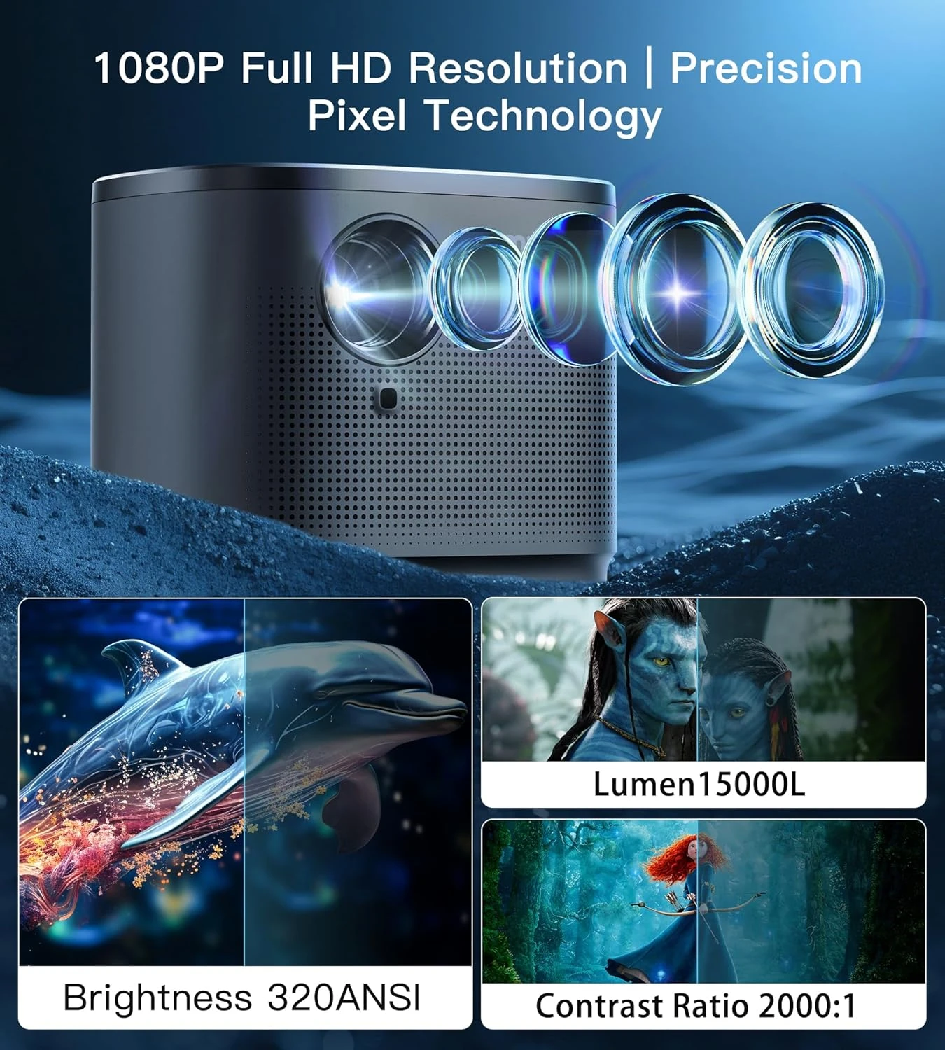 Mini Projector 1080P HD,4K Supported Portable Movie Projector-200” Display,Built