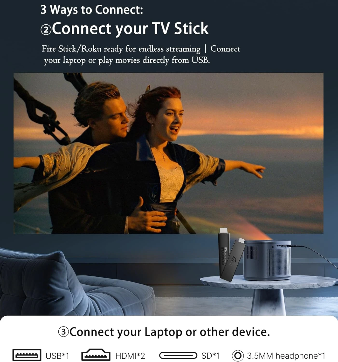 Mini Projector 1080P HD,4K Supported Portable Movie Projector-200” Display,Built