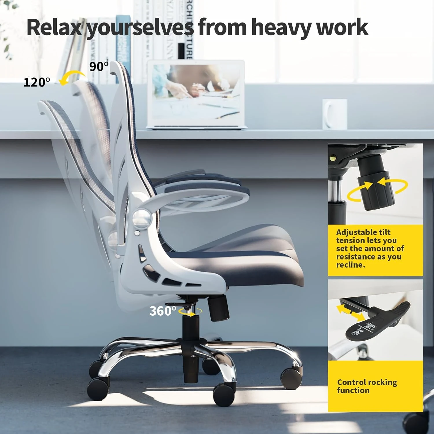 HOLLUDLE Ergonomic Office Chair with Foldable Backrest, Computer Desk Chair with