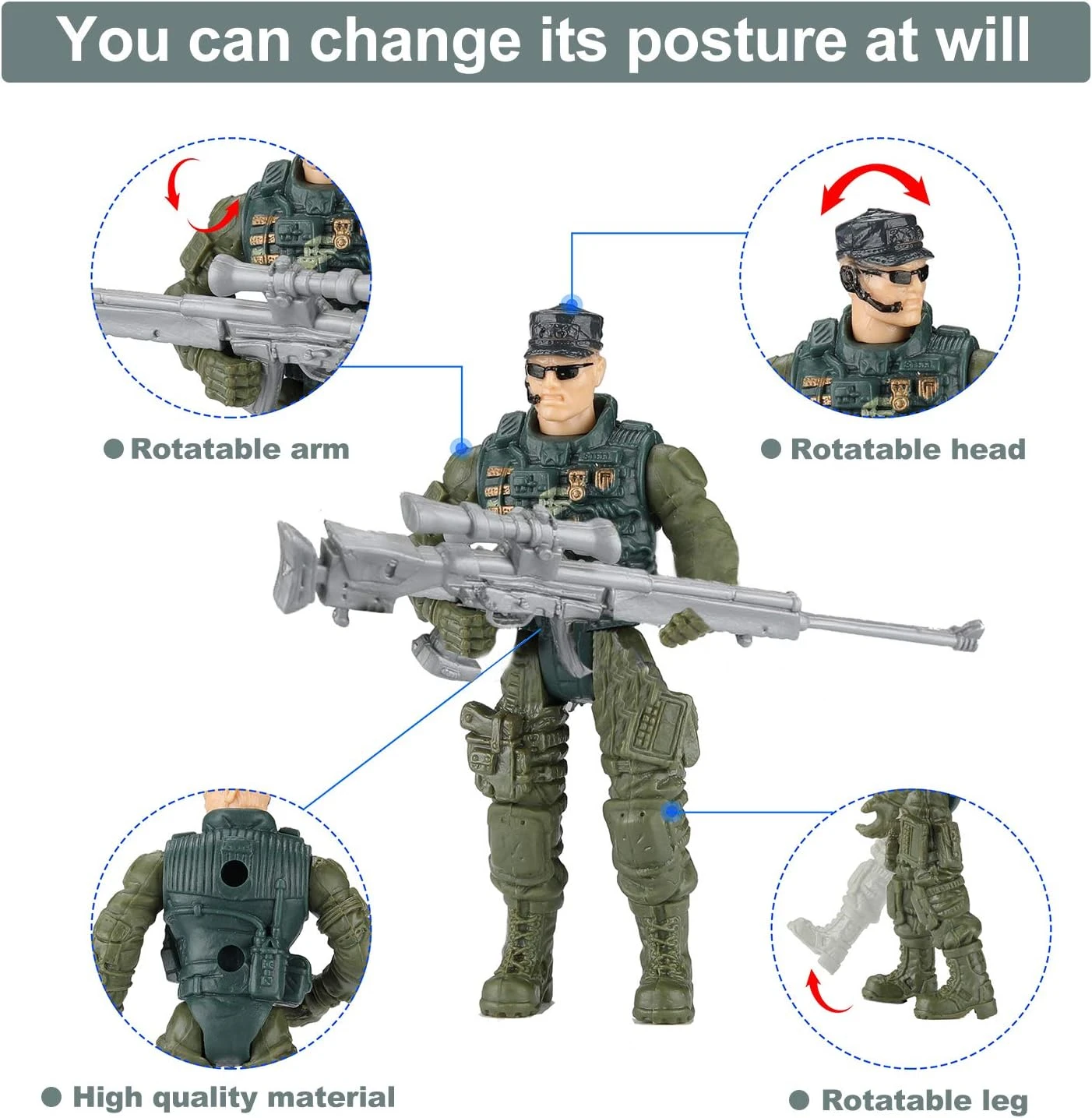 Hautton Soldier Action Figures Toy, 8 Army Men with Weapons Accessories, Removab