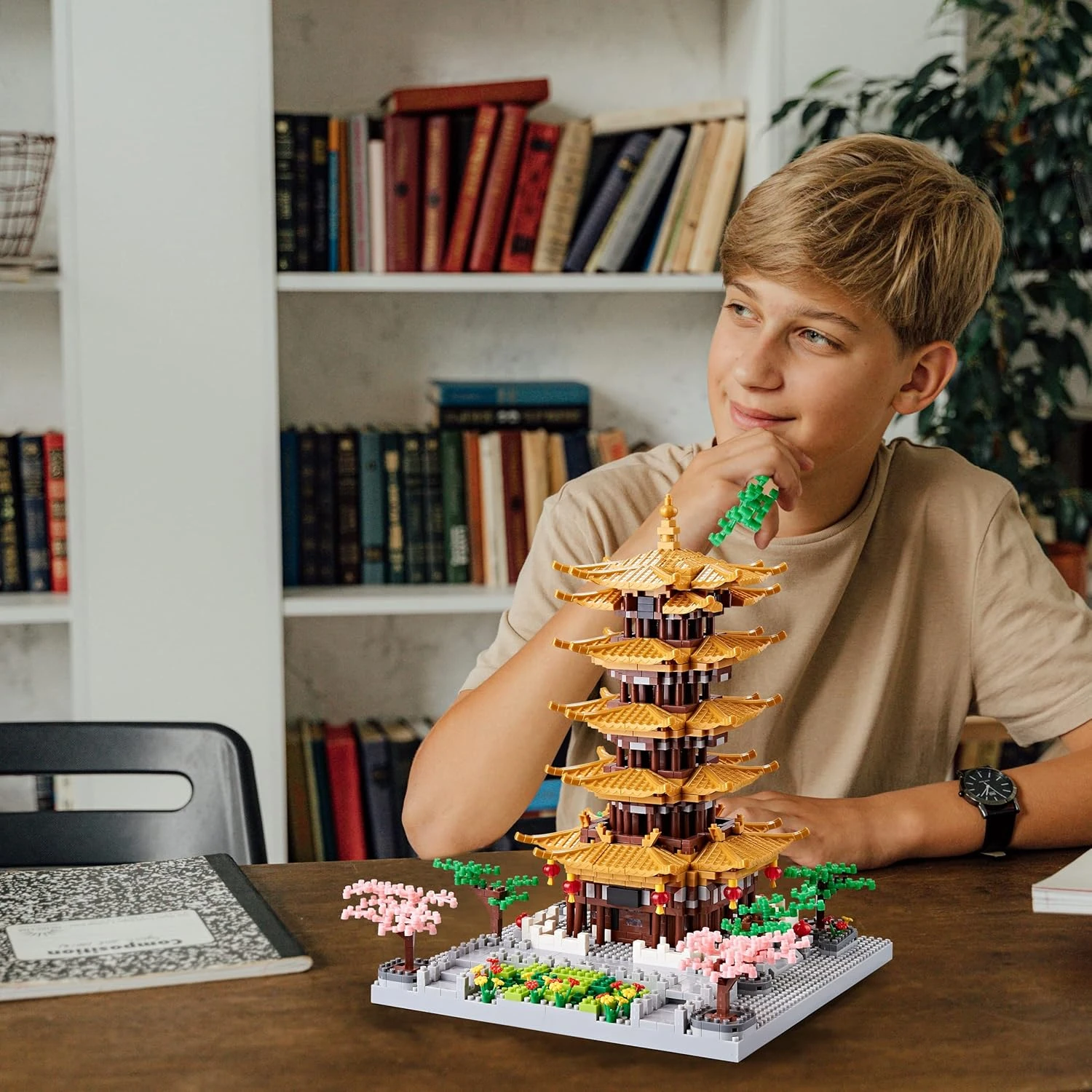 JXRLMB Micro Building Blocks Set for Adults Yellow Crane Tower with Sakura Tree 