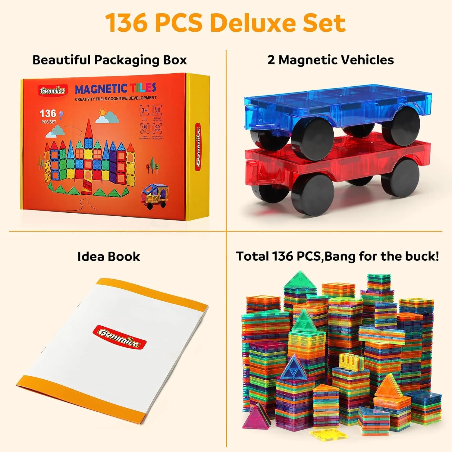 Gemmicc Magnetic Tiles, Deluxe 136 PCS Building Blocks Magnet Toys for Kids,3D M