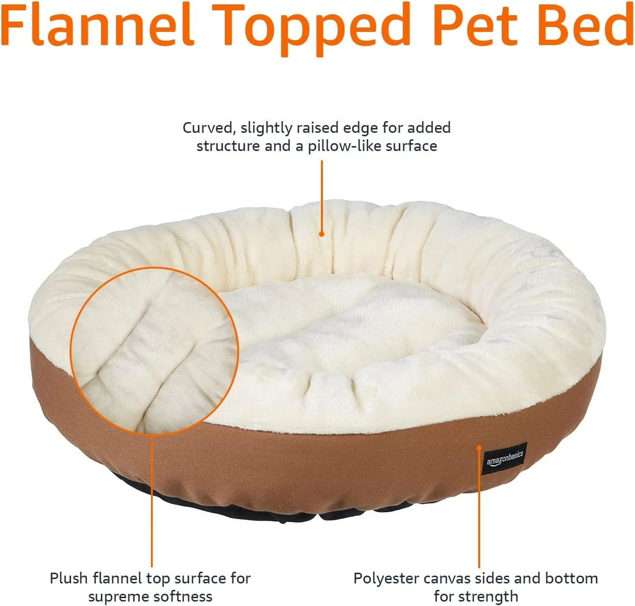 Basics Round Bolster Pet Bed with Flannel Top, 20-Inch, Brown and Ivory