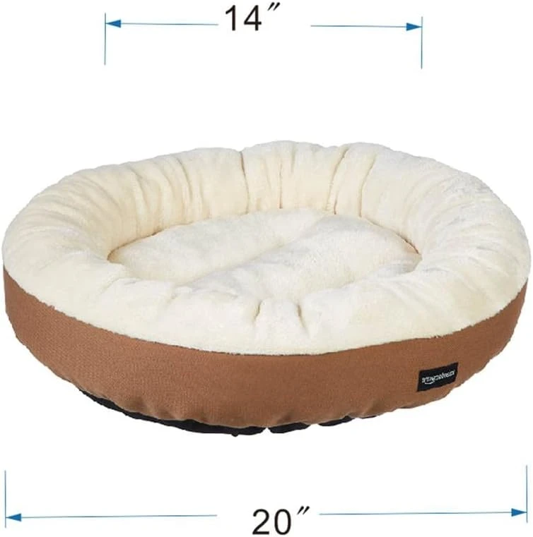 Basics Round Bolster Pet Bed with Flannel Top, 20-Inch, Brown and Ivory