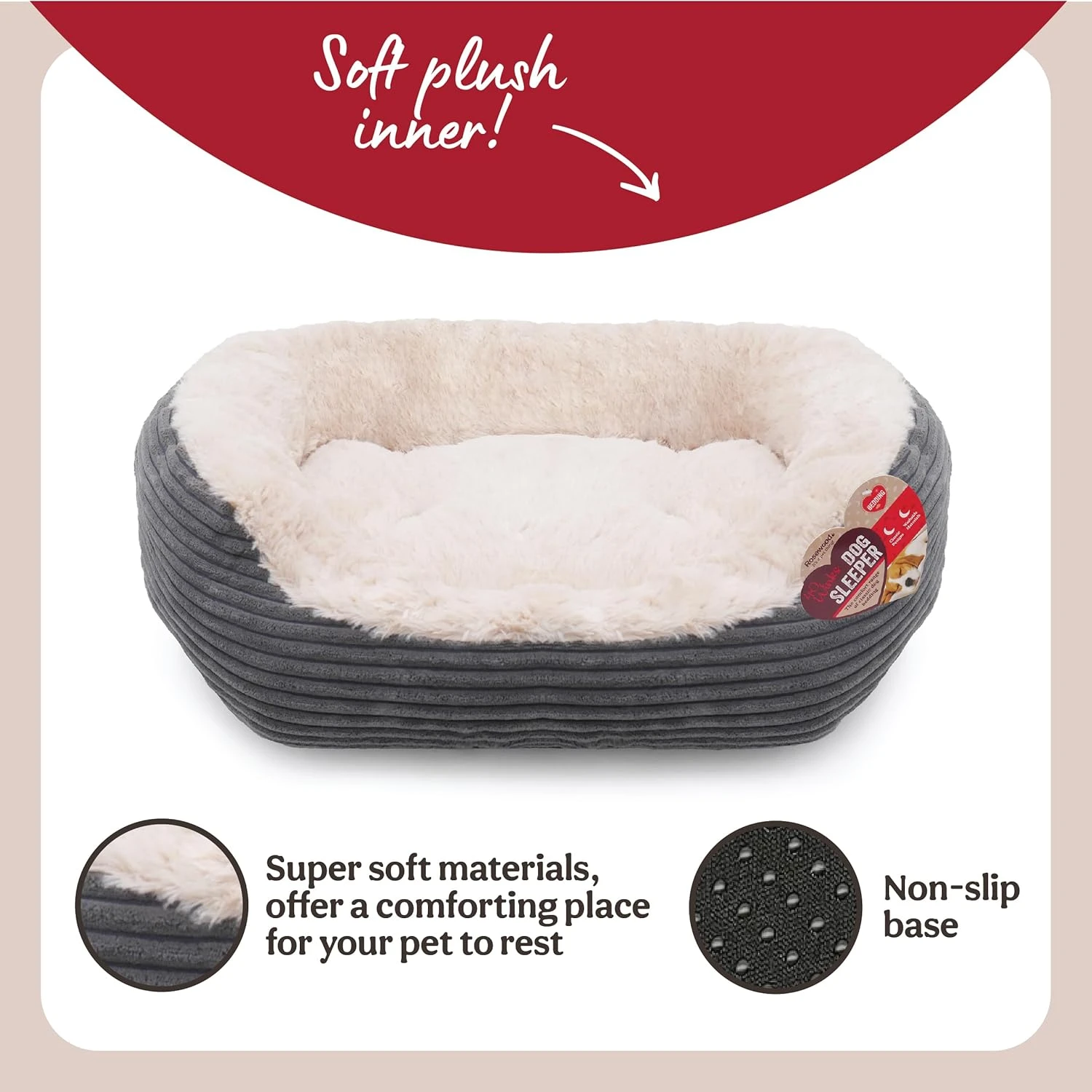 Rosewood Grey Jumbo Cord/Plush Oval Dog Bed, Small