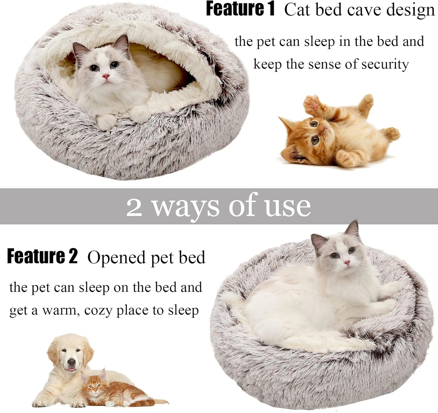 Calming Dog Beds & Cat Cave Bed with Hooded Cover,Removable Washable Round Beds 