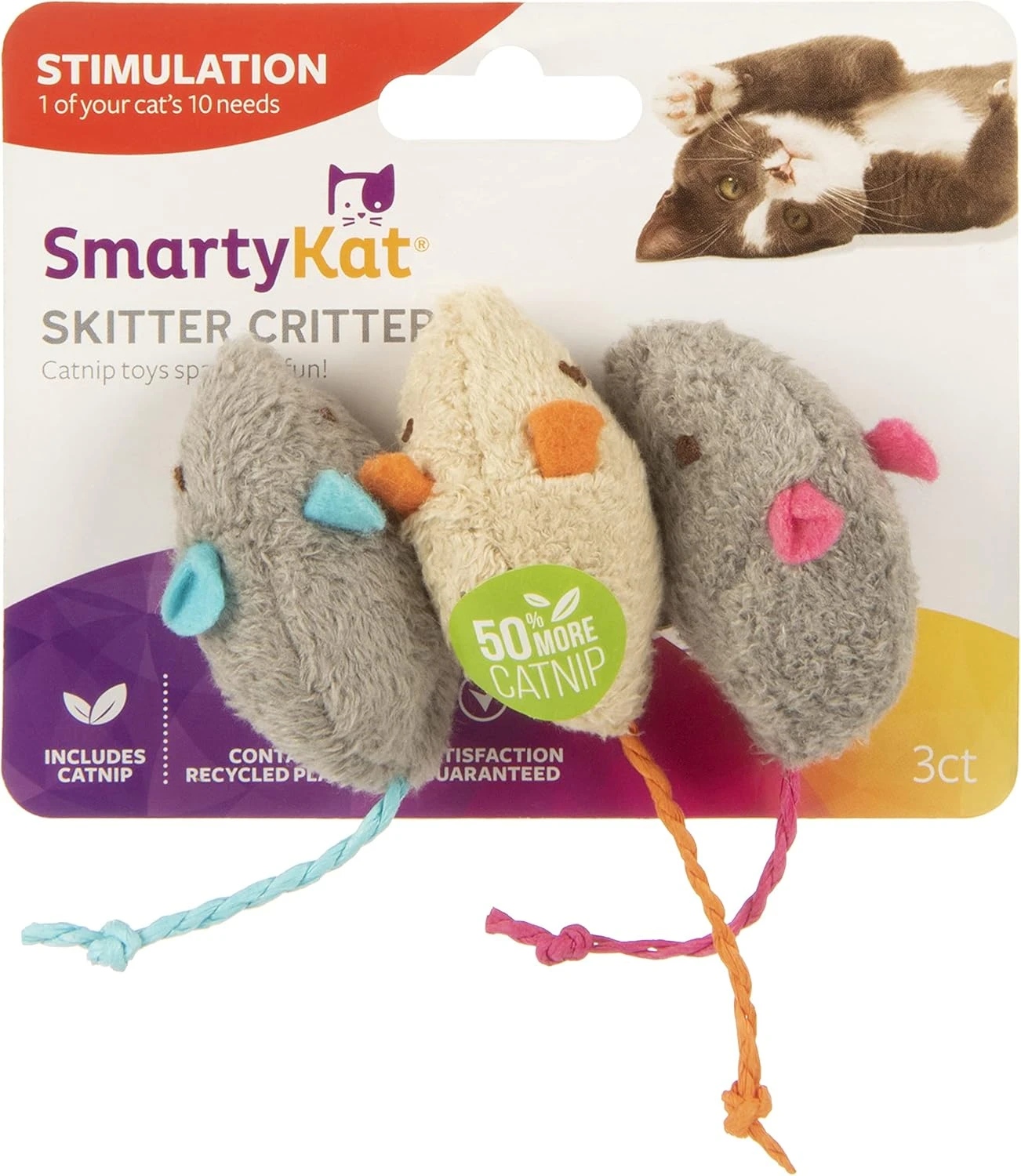 Smartykat (3 Count) Skitter Critters Catnip Cat Toys - Gray/Cream, 3 Count