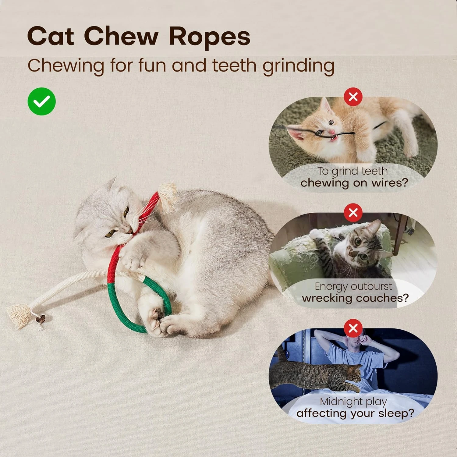 Potaroma Cat Toys Chew Ropes 3Pcs with Refillable Natural Catnip, Safe Teeth Cle