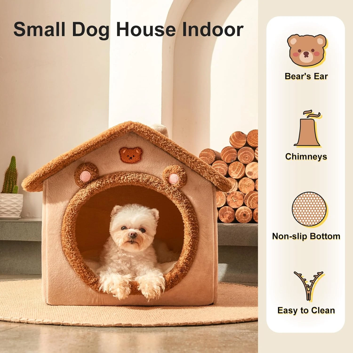 JIUPETY Cute Small Dog House Indoor, Foldable House Kennel Bed Mat with Cushion,