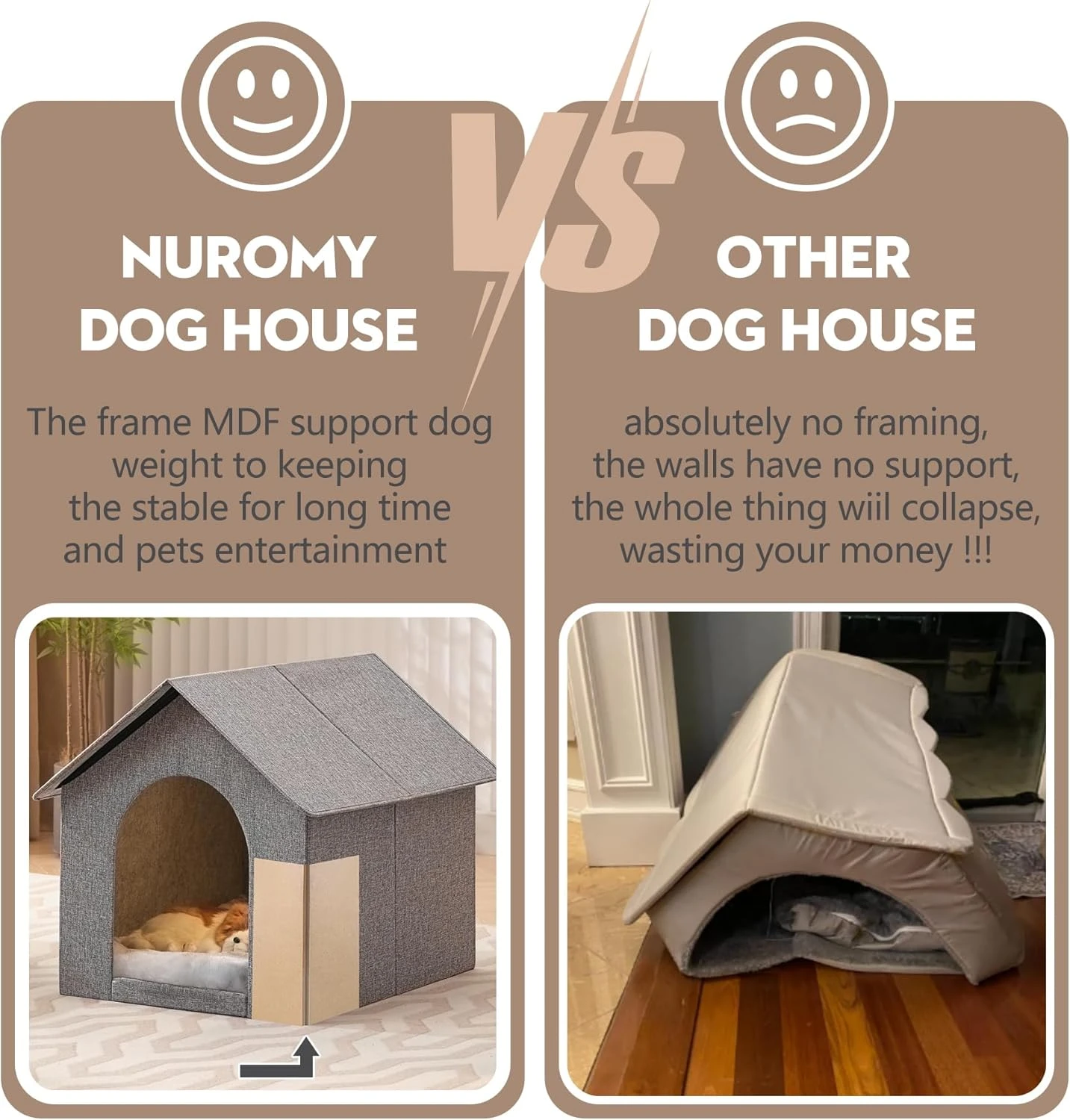 NUROMY Indoor Dog House with Washable Plush Cushion, Medium Size for Dogs Under 