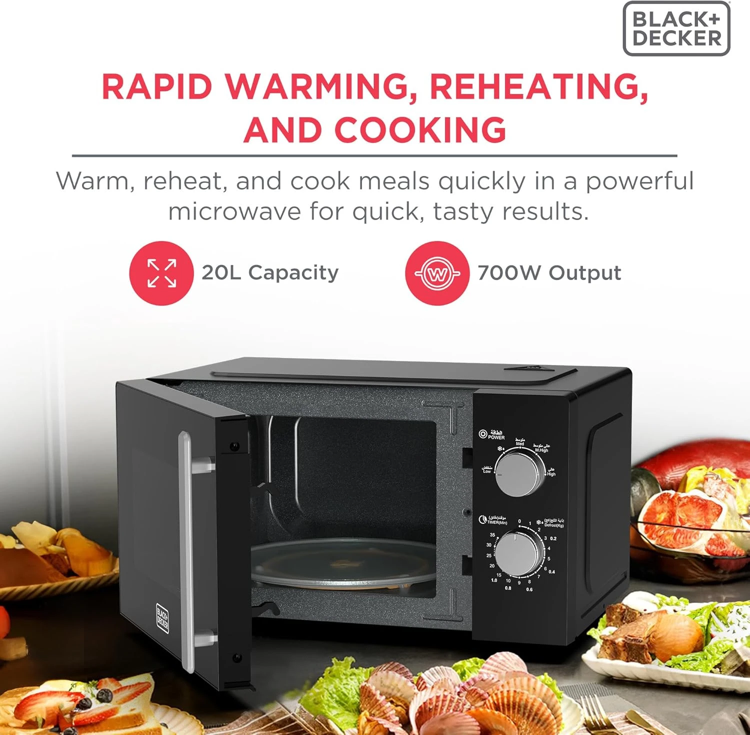 BLACK+DECKER Microwave Oven, 20L, 700W, 5 Power Levels, Defrost Function, 35-Min