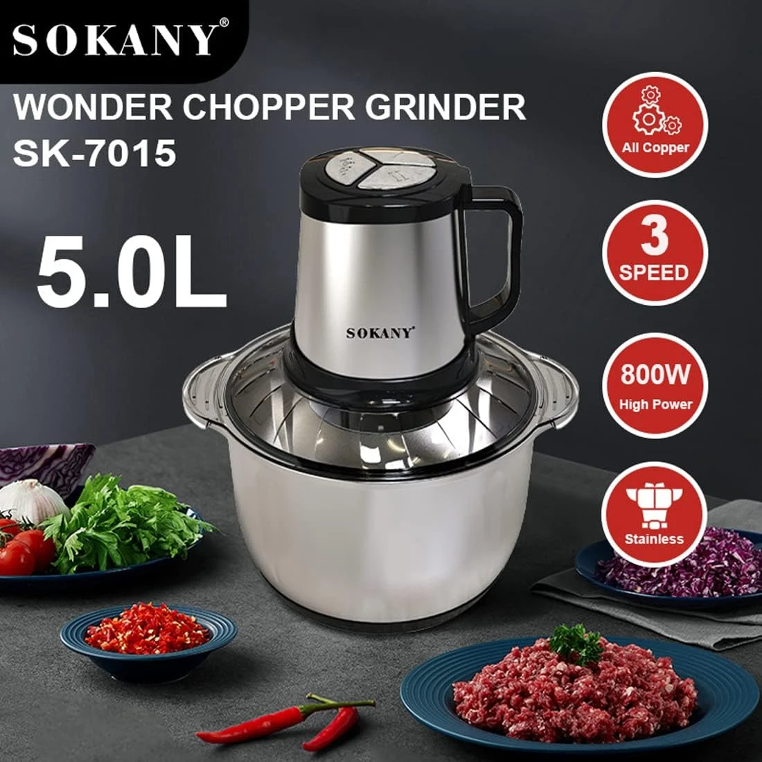 SOKANY SK-7015 800W Meat Grinder Electric, Food Processor Onion Vegetable Garlic