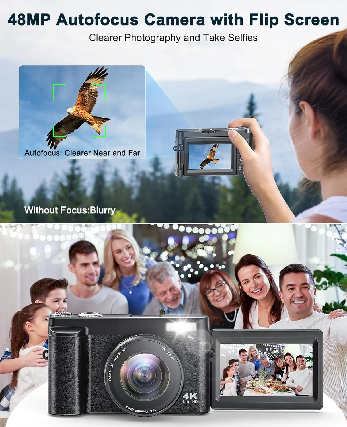 4K Digital Camera for Photography and Video, Autofocus Anti-Shake 48MP Vlogging 