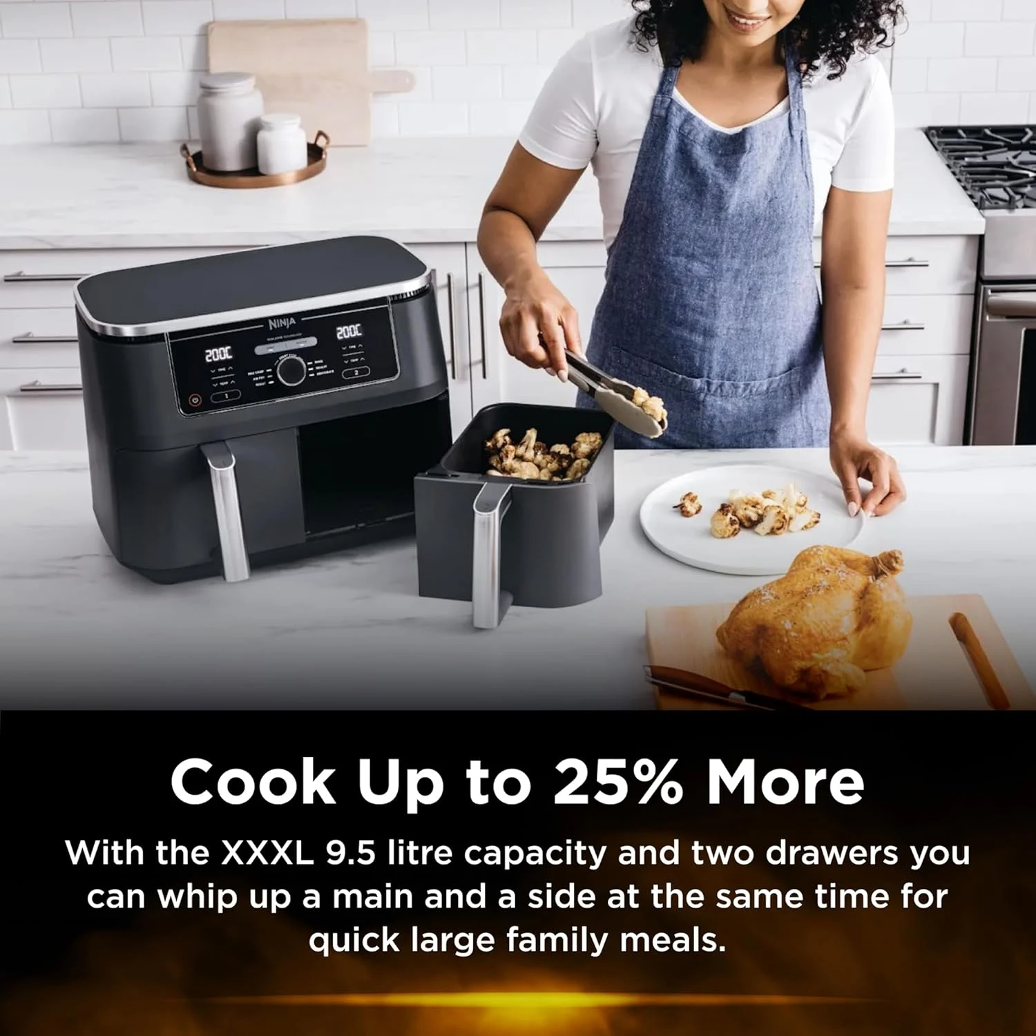 Ninja Foodi Dual Zone Air Fryer 2 Drawers, 6 Cooking Functions, 9.5L Capacity, B