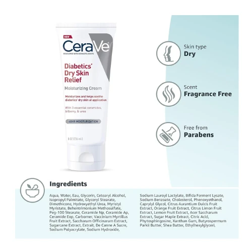 CeraVe Moisturizing Cream for Diabetics’ Dry Skin | Urea Cream with Bilberry for