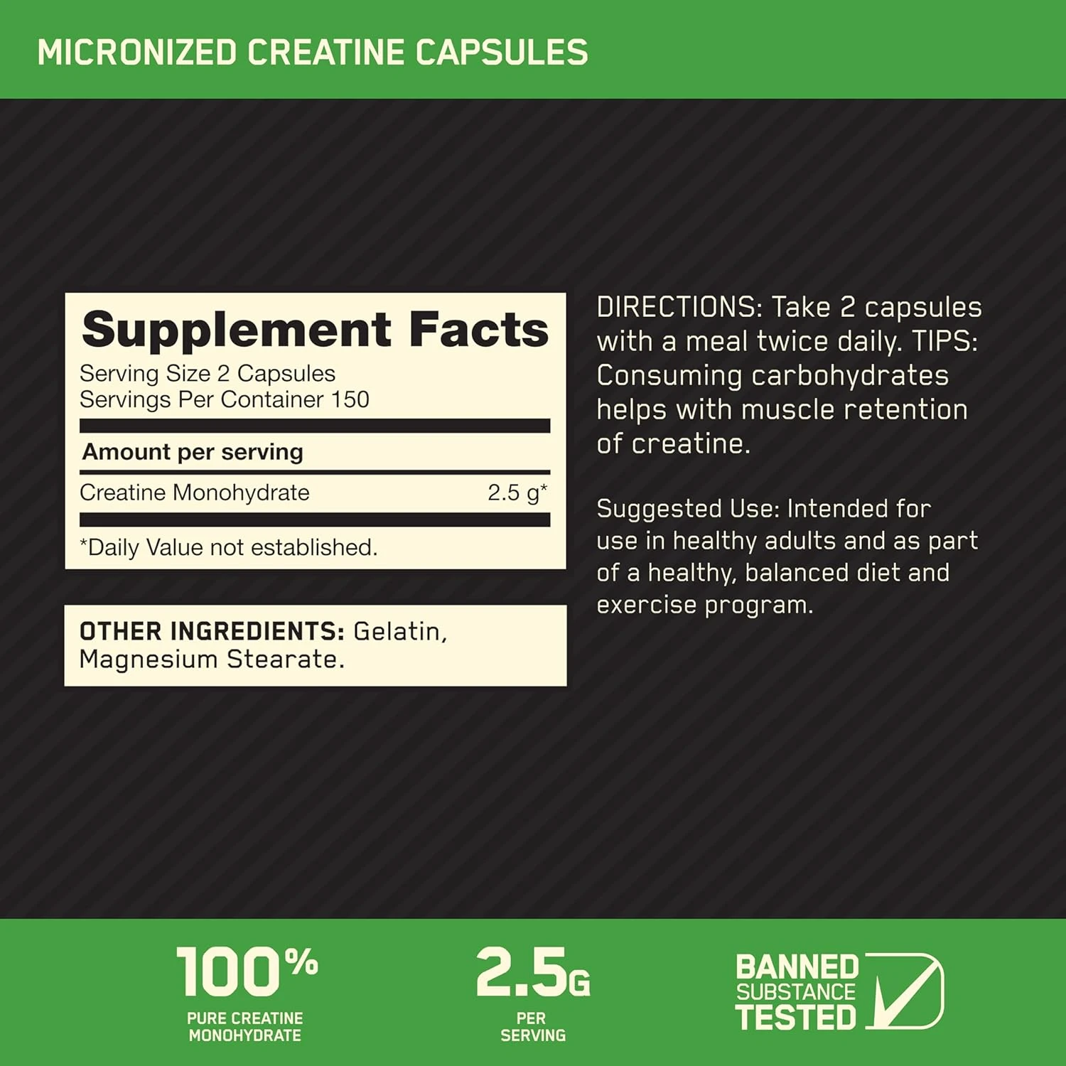 Optimum Nutrition Micronized Creatine Monohydrate Capsules, Keto Friendly, 2500m