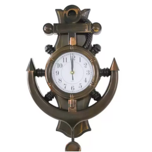 Quartz Wood Anchor Wall Clock With Hanging Plastic Pendulum In Ship Steering Des