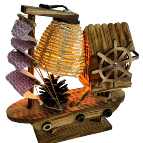 Retro Stylish Bedside Wooden Sailing Boat Night Light With Music Box For Home De