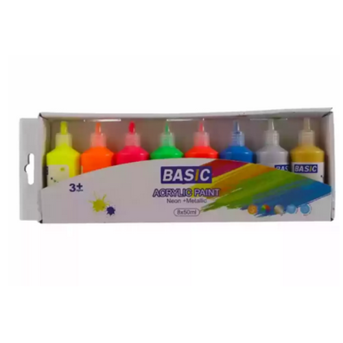 Basic Acrylic Painting Color Sets 6pcs Neon and 2pcs Mettalic Colors- 8X50ml
