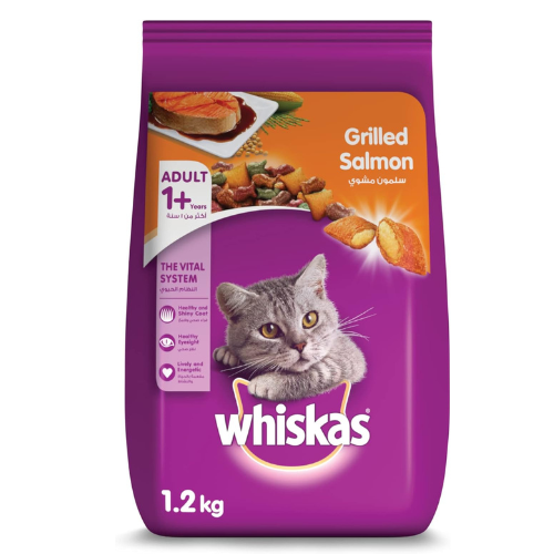 Whiskas Grilled Salmon Dry Food, for Adult Cats 1+ Years, Helps Your Cat Sustain