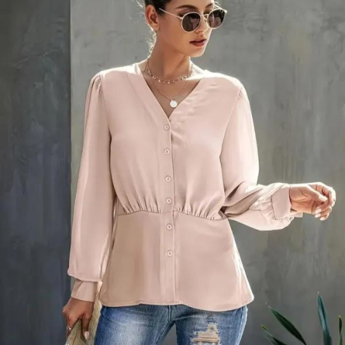 Solid Button Front V Neck Blouse, Elegant Lantern Sleeve Blouse, Women's Clothin
